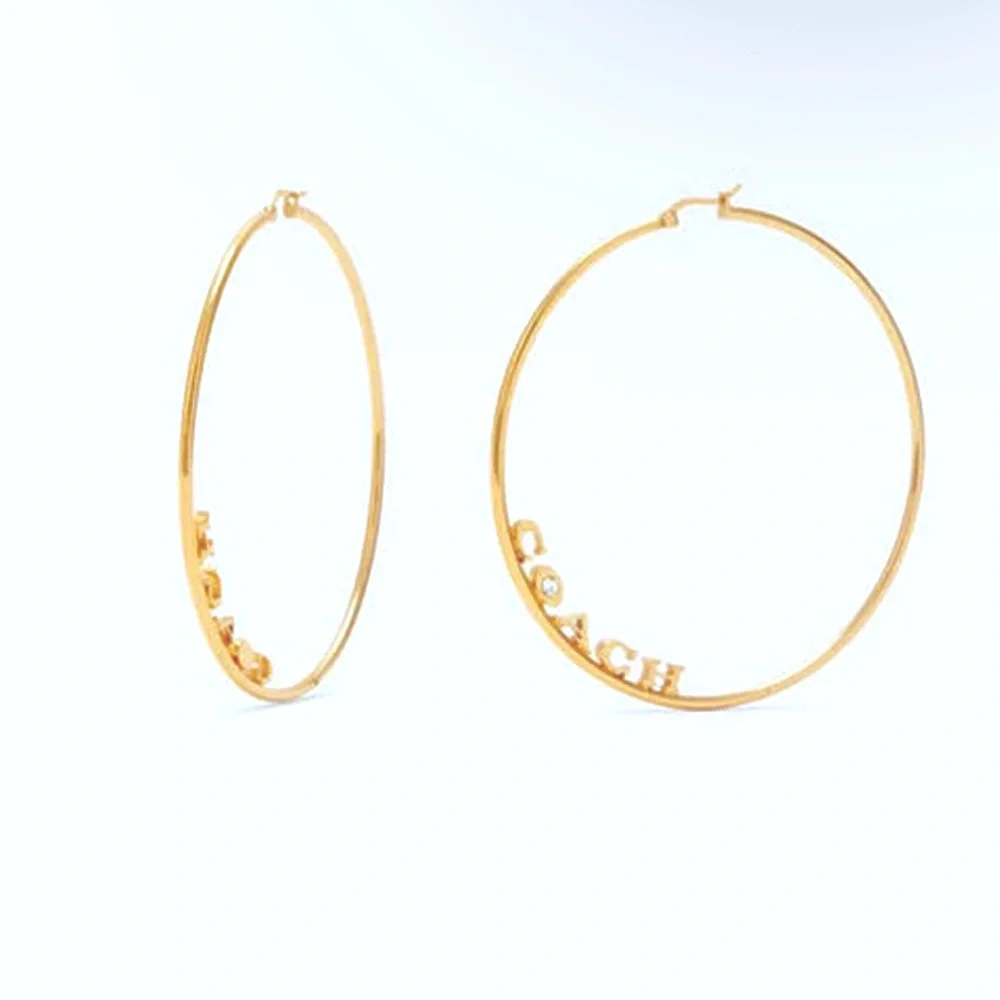 New Coach Signature Medium Large Hoop Earrings Gold with Rhinestone - Picture 6 of 10